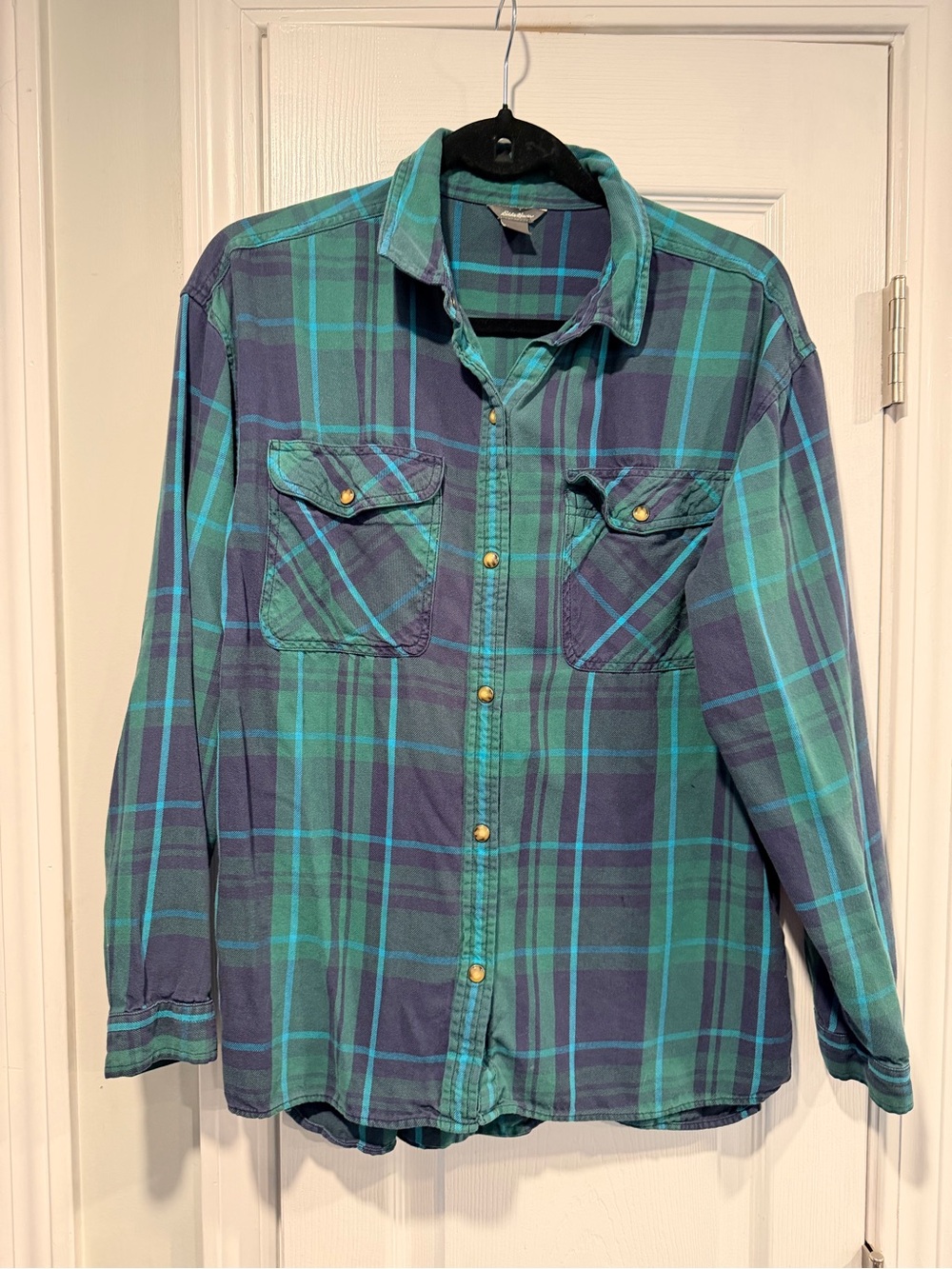 Eddie Bauer Size S Blue GreenPlaid Flannel Shirt Tencel Cotton Snap Front Wester